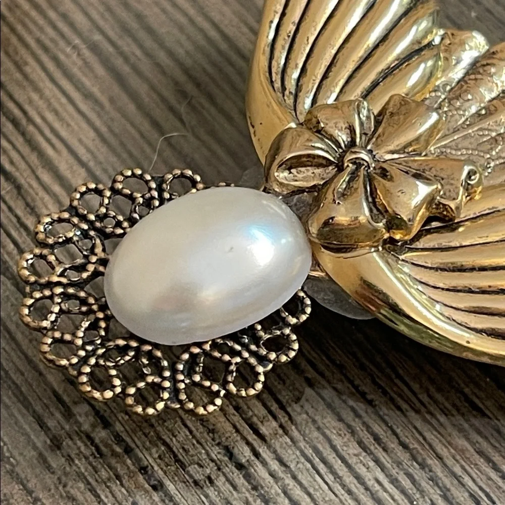 Vintage Gold-tone Angel Wing Brooch with Pearl Accent